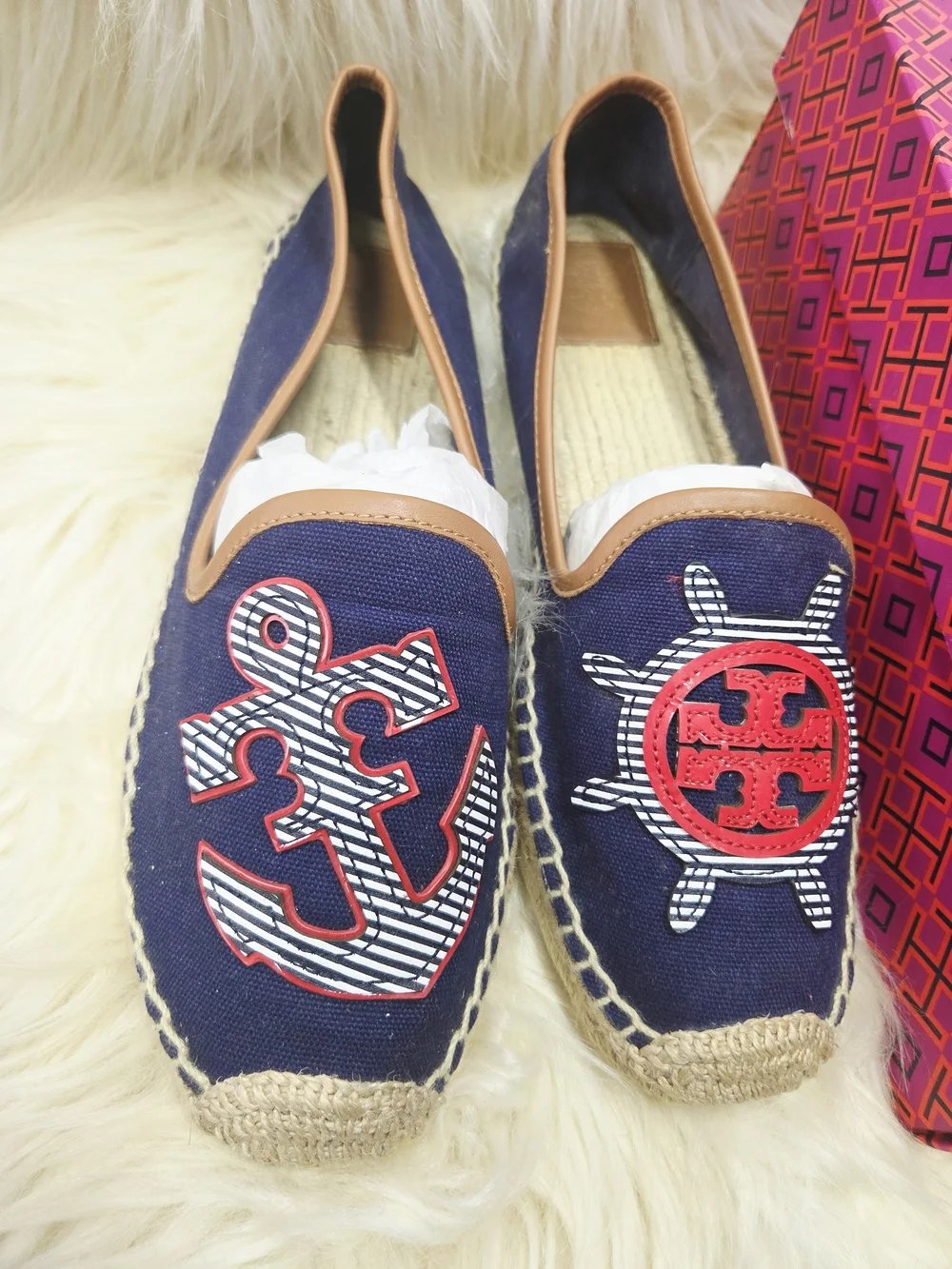Tory Burch Navy Espadrilles with Red Embroidered Nautical Motifs